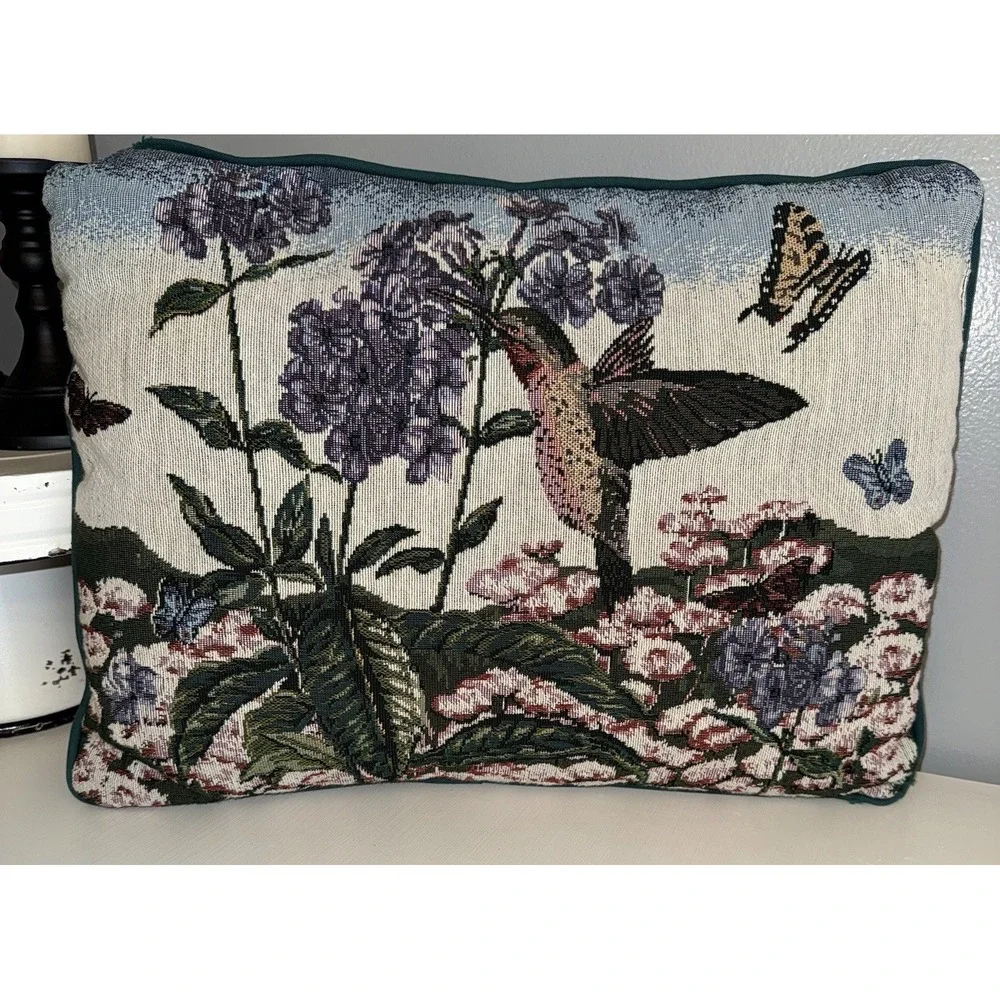Vtg Hummingbird Butterfly Floral Tapestry Throw Pillow Decorative 13